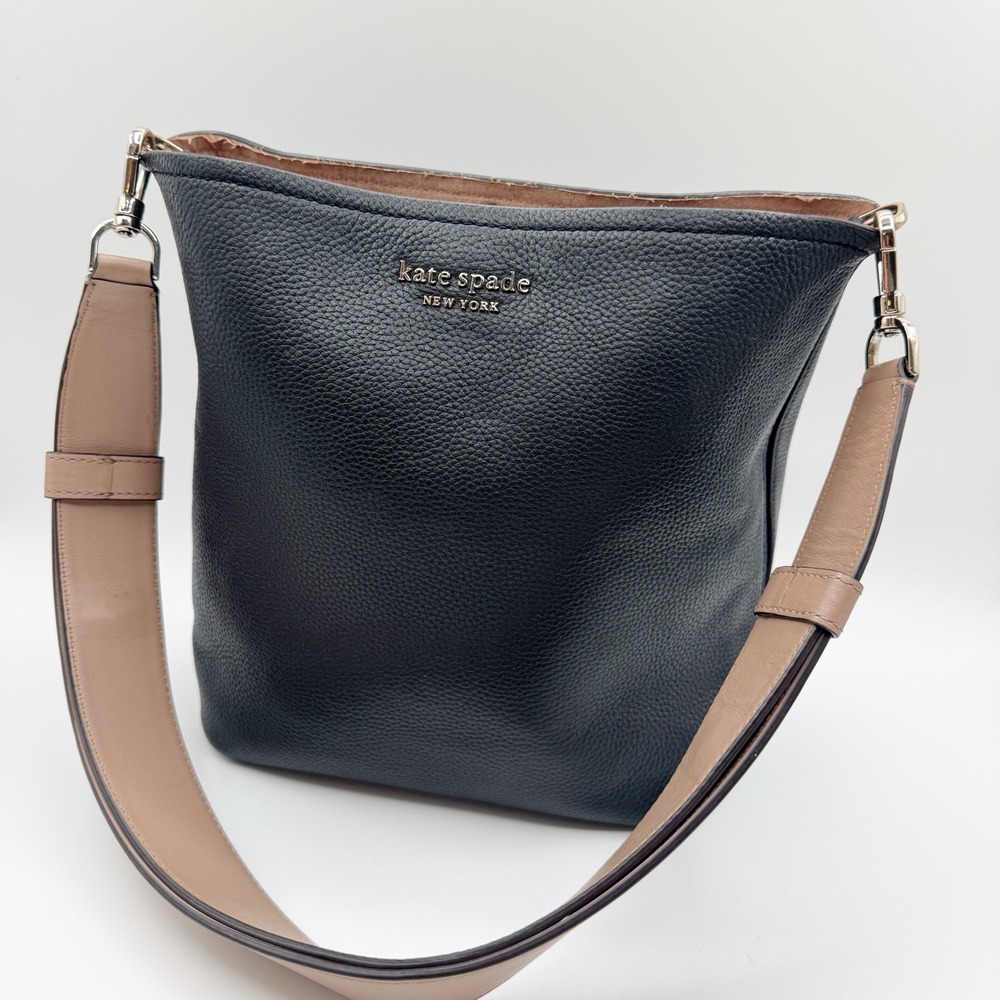 Kate Spade River Medium Bucket Bag Black Pebbled Leather Purse PXR00488